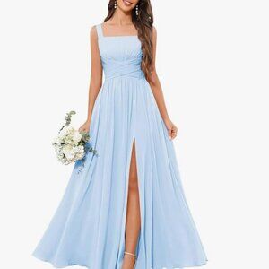 Square neck Chiffon Dress with pockets pleated A-Line Dress with Slit Size 6